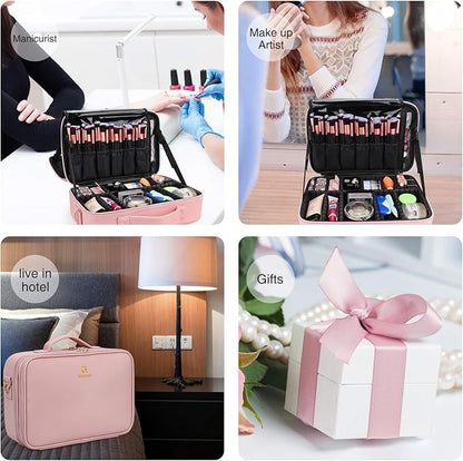 Relavel Makeup Bag Travel Makeup Train Case 13.8 inches Large Cosmetic Case Professional Portable Makeup Brush Holder Organizer and Storage with Adjustable Dividers and Shoulder Strap (Pink)