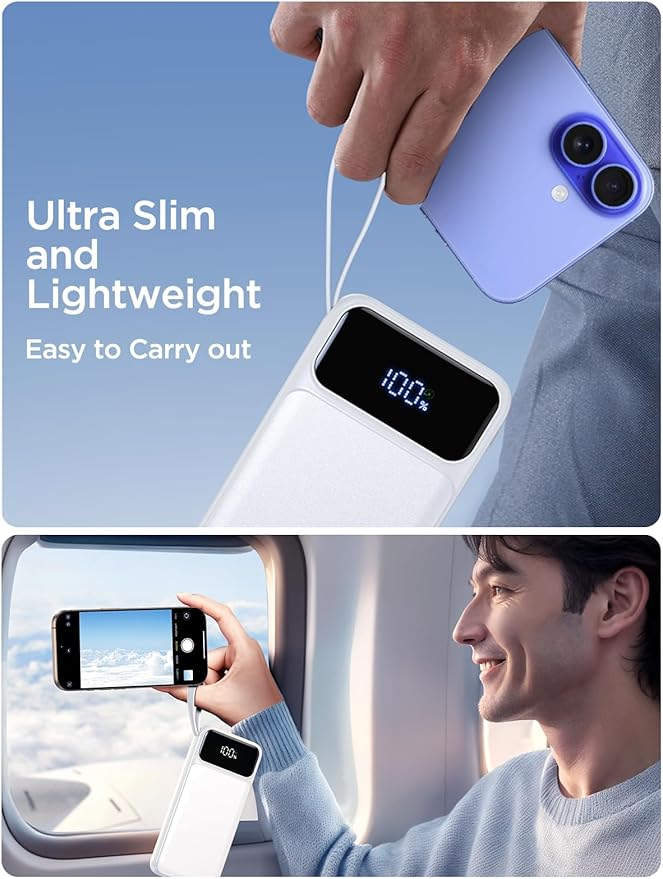 Power Bank, Portable Charger with Built in Cable 22.5W Fast Charging Battery Pack 10000mAh Slim 6 Outputs 3 Inputs LED Display Phone Charger for iPhone Samsung Pixel Moto iPad Travel Essential Gift