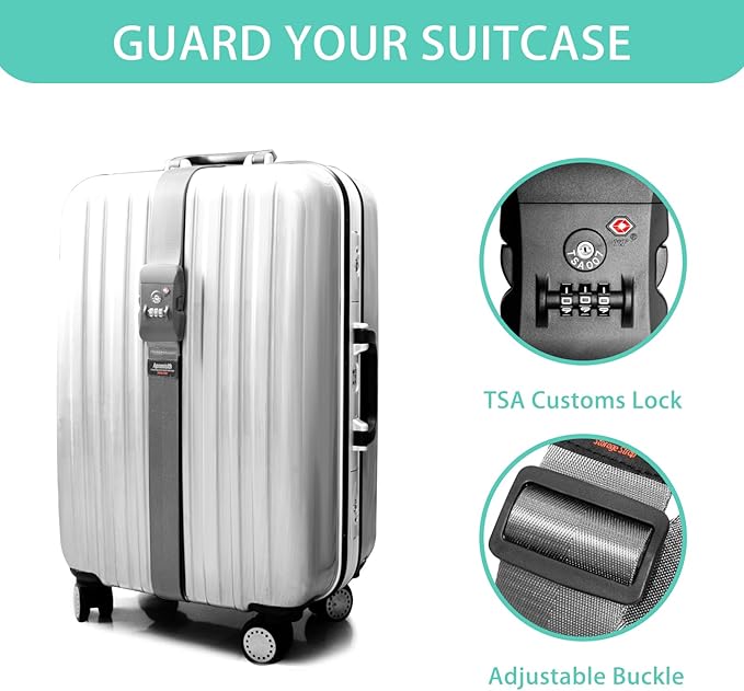 Luggage Strap Belt for 20"-32" Suitcase with TSA Approved 3-Dial Combination Lock Wide Adjustable Packing Straps Travel Accessories, Grey