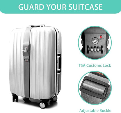 Luggage Strap Belt for 20"-32" Suitcase with TSA Approved 3-Dial Combination Lock Wide Adjustable Packing Straps Travel Accessories, Grey