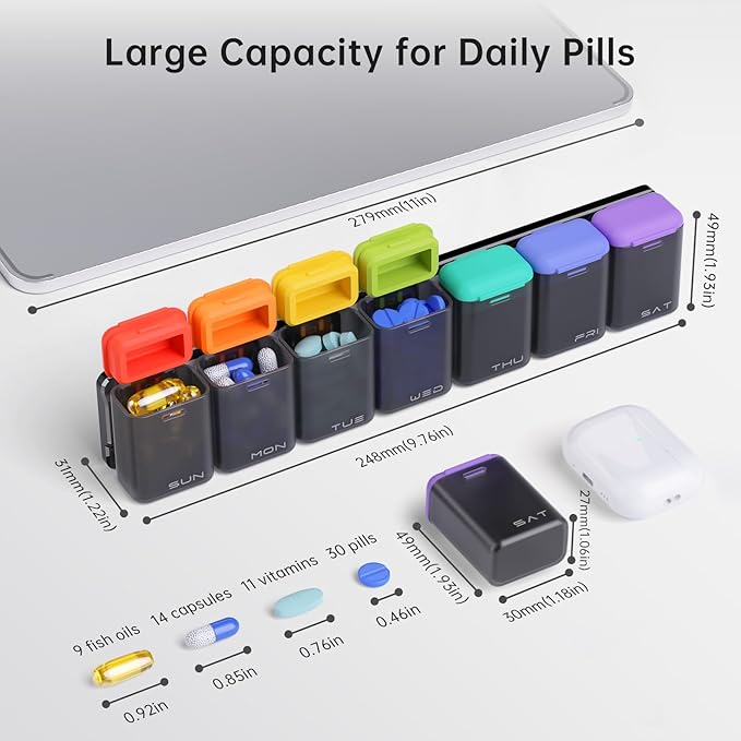 Weekly Pill Organizer Magnetic, Removable Pill Box 7 Day 1 Time a Day, Large Travel Pill Case, Week Once Daily Medication Dispenser, Medicine Container Holder for Supplement, Vitamin, Black