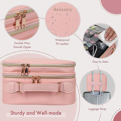 Travel Makeup Bag with LED Mirror Double Layer, Detachable Vanity Mirror with Lights, Tri-light Dimmable, Makeup Case with Adjustable Dividers and Brush Holder Cosmetic Organizer Storage Box