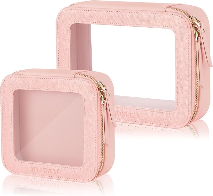 Clear Makeup Bag, Travel Toiletry Bag Cosmetic Case for Women, Waterproof Portable Make Up Skincare Pouch with Zipper, Compact Car Organizer Bag for Essentials, Mini & Medium, Pink