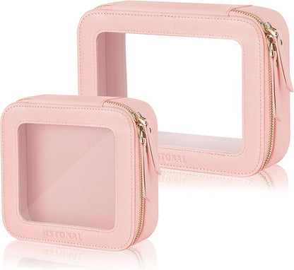 Clear Makeup Bag, Travel Toiletry Bag Cosmetic Case for Women, Waterproof Portable Make Up Skincare Pouch with Zipper, Compact Car Organizer Bag for Essentials, Mini & Medium, Pink