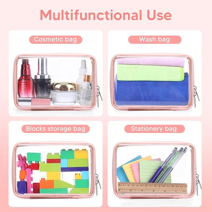 2 Pcs Clear Hard Zipper Case, Hard PC Plastic Cosmetic Travel Bag, Portable Travel Organizer Bins, Durable Makeup Bags for Toy Storage, Pencil Case(Pink Zipper)