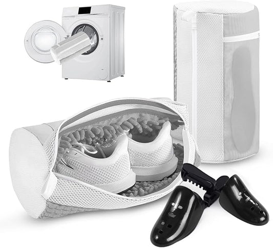 Shoe Washer Machine Bag 2Pack - Reusable Shoe Laundry Bag with Mesh Socks Washing Bag - 360°Deep Protective Cleaning Bags for Sneakers Delicate Footwear - Home Dorm Travel Essentials, Grey