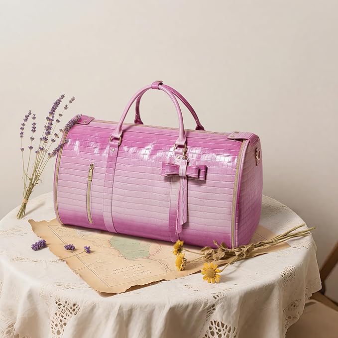 Garment Bags for Travel, 2-in-1 Convertible Travel Garment Duffle Bag for Women, Foldable Carry On Garment Bag with Shoe Compartment & Toiletry Pocket, PU Leather Weekender Bag, Pink-White