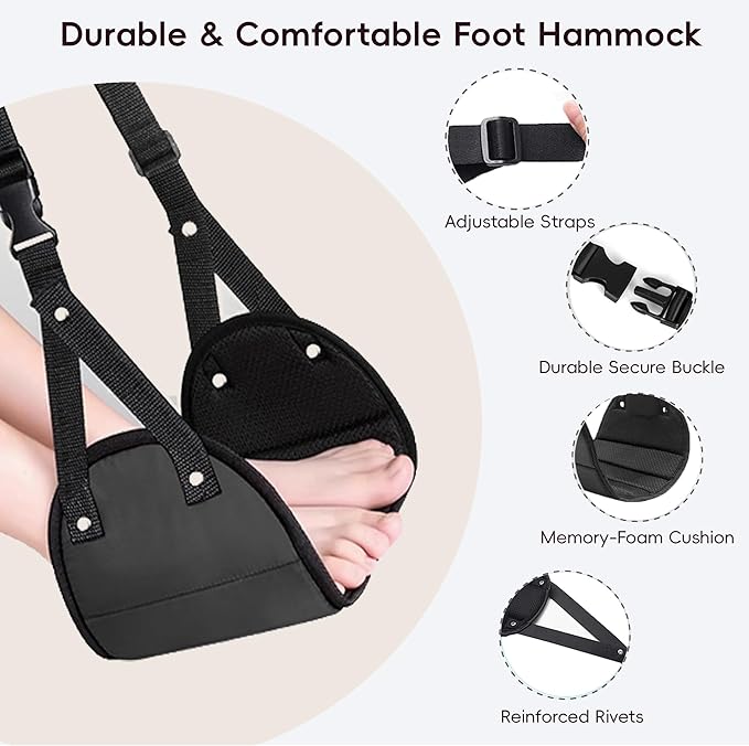 Foot Hammock for Plane Travel, Airplane Foot Hammock, Adjustable Foot Rest Sling with Memory Foam, Airplane Gadgets Travel Essentials for Long Time Flight (Black+Navy)