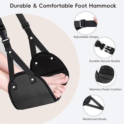 Foot Hammock for Plane Travel, Airplane Foot Hammock, Adjustable Foot Rest Sling with Memory Foam, Airplane Gadgets Travel Essentials for Long Time Flight (Black+Navy)