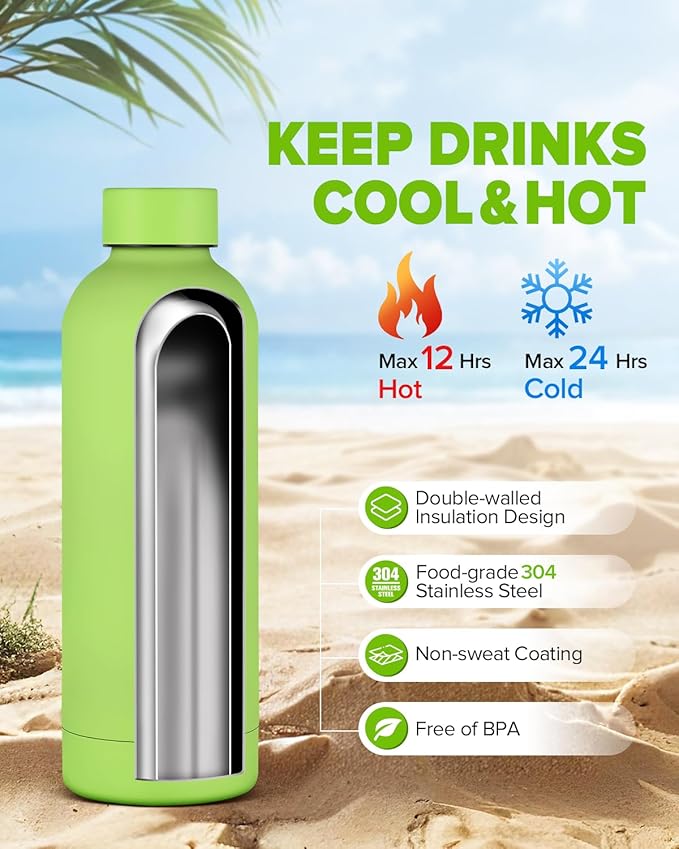 Insulated Water Bottle with Lid, 17 oz Reusable Leak-Proof Metal Stainless Steel Water Bottles for Travel, Sports, Gym, Outdoor (Green)