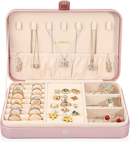 LANDICI Small Jewelry Box for Women Girls, PU Leather Travel Jewelry Case, Portable Jewelry Organizer Storage Holder Display for Ring Earrings Necklace Bracelet Women Kids Gift, Rose Gold