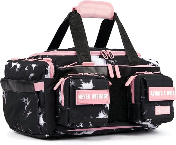 WOLFpak 20L Mini Duffle Bag for Gym & Travel | Waterproof Carry-On Weekender Bag with Shoe Compartment, Hard Bottom, and Tactical Molle System (Black Lightning Knockout Pink)