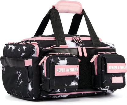 WOLFpak 20L Mini Duffle Bag for Gym & Travel | Waterproof Carry-On Weekender Bag with Shoe Compartment, Hard Bottom, and Tactical Molle System (Black Lightning Knockout Pink)