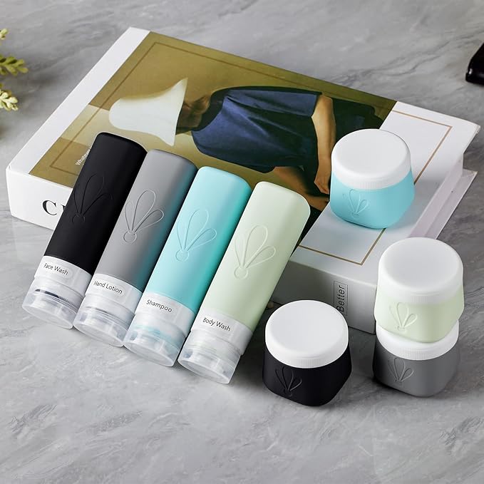 INSFIT 8 Pack Silicone Travel Bottles & Cream Jars with Toiletry Bag, 3oz Leakproof Containers & 2oz Jars with Waterproof Labels, BPA-Free Squeezable Toiletries Set for Shampoo, Lotion, Cosmetics