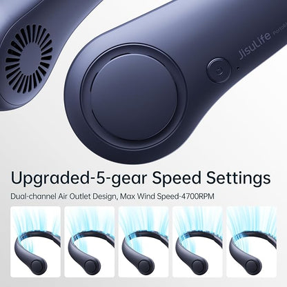 JISULIFE Portable Neck Fan, Hands Free Bladeless Fan, 5 Speeds, 4000 mAh Battery Operated Wearable Personal Fan, Twistable, Rechargeable, Gift for Women Men-Blue