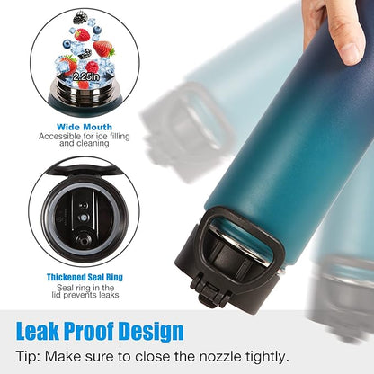 Volhoply 24oz Insulated Water Bottle With Straw Bulk 3 Pack,Metal Wide Mouth Water Bottles With Handle Keep Cold,Reusable Double Wall Cups,Powder Coated Sport Bottle For Holder(Dark Night,3 Count)