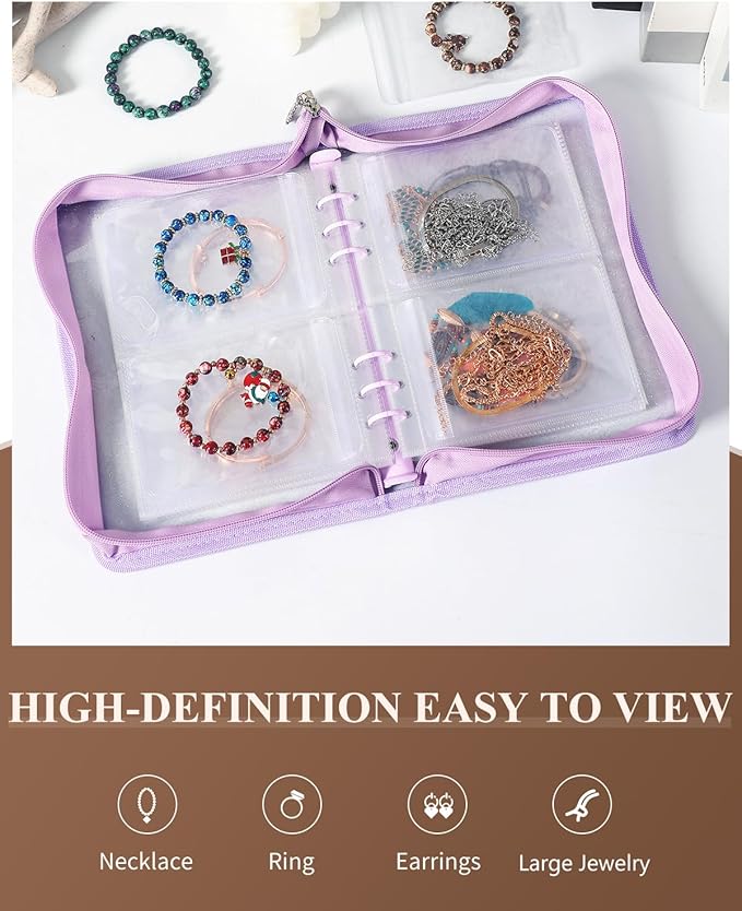 AOLEIXIYA Jewelry Organizer Book Clear Travel earring book organizer Transparent Jewelry Book with Zipper Pouch Bags (Purple,With 48 PCS Large Jewelry Bags)