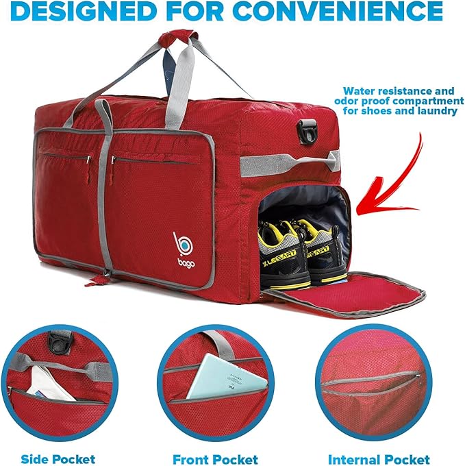 Bago Big XXL Foldable Duffel Bags for Traveling Women & Men - 140L Packable Duffle Bag for Travel with Shoe Compartment - Water Repellant, Heavy Duty, Lightweight Folding & Collapsible (Red)