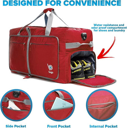 Bago Large Foldable Duffel Bags for Traveling Women & Men - 100L Packable Duffle Bag for Travel with Shoe Compartment - Water Repellant, Heavy Duty, Lightweight Folding & Collapsible (Red)