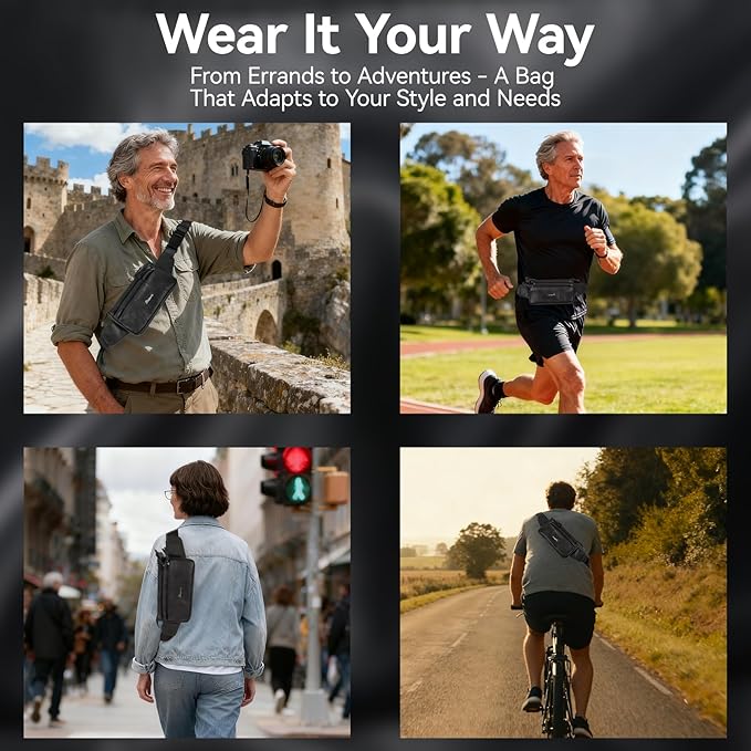 Genuine Leather Fanny Pack For Men and Women Multiple Pockets Waist Bag with Adjustable Strap for Outdoors Workout Traveling Casual Running Hiking Cycling Black Belt Bag