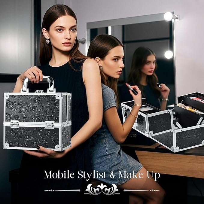 FRENESSA Makeup Train Case Cosmetic Box Portable Makeup Case Organizer 4 Trays Travel Case Storage with Dividers Lockable for Make up Artist Crafter Nail Kits Tools Black Floral