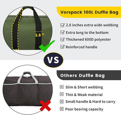 Vorspack Extra Large Duffle Bag for Travel - 100L Duffel Bag for Men Gear Bag for Storage Foldable Weekender Bag for Overnight Camping - Green