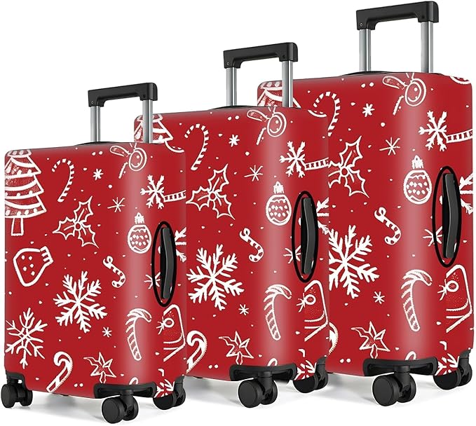 Red Christmas Luggage Cover – Snowflake & Candy Cane Suitcase Protector, Holiday Travel Luggage Sleeve, Stretchable & Waterproof,M