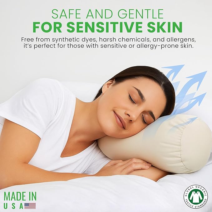 Organic Cotton Neck Roll Pillow with Pillowcase – Organic Buckwheat Filled Soft Neck Pillow with Breathable and Durable Fabric Washable Protector – Supportive for Deep Sleep – Made in USA, 6" x 16"