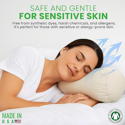 Organic Cotton Neck Roll Pillow with Pillowcase – Organic Buckwheat Filled Soft Neck Pillow with Breathable and Durable Fabric Washable Protector – Supportive for Deep Sleep – Made in USA, 6" x 16"