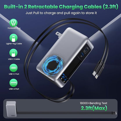 120W USB C Charger Block with 2 Built-in Retractable Cables,4-in-1 GaN IV Foldable Plug Wall Charger Fast Charging Station,PD 65W Laptop Adapter for MacBook/iPad,iPhone 17/16/15/14,Galaxy,Android etc