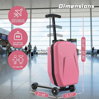 20" Hardshell Scooter Suitcase for Kid & Adult Foldable 2 in 1 Ride on Carry on Travel Trolley Scooter Luggage With Wheels