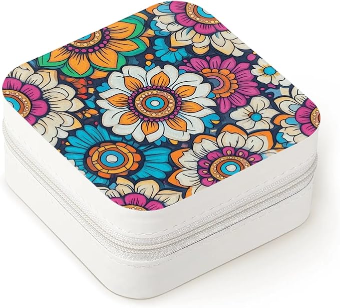 Bohemian Flower Leather Jewelry Box, Retro Mini Travel Jewelry Case Organizer, Jewelry Organizers and Storage with Mirror, Christmas and Birthday Present for Women's and Girls