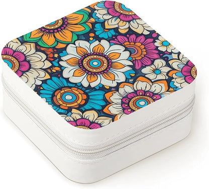 Bohemian Flower Leather Jewelry Box, Retro Mini Travel Jewelry Case Organizer, Jewelry Organizers and Storage with Mirror, Christmas and Birthday Present for Women's and Girls