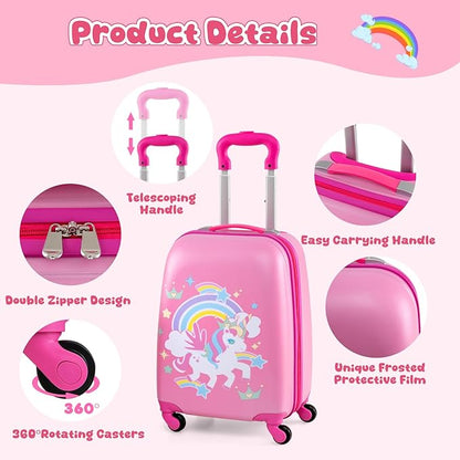 KOTEK Kids Carry On Luggage Set, 16" Hardside Rolling Suitcase with Spinner Wheels, Travel Rolling Luggage for Boys Girls (Rose Unicorn)