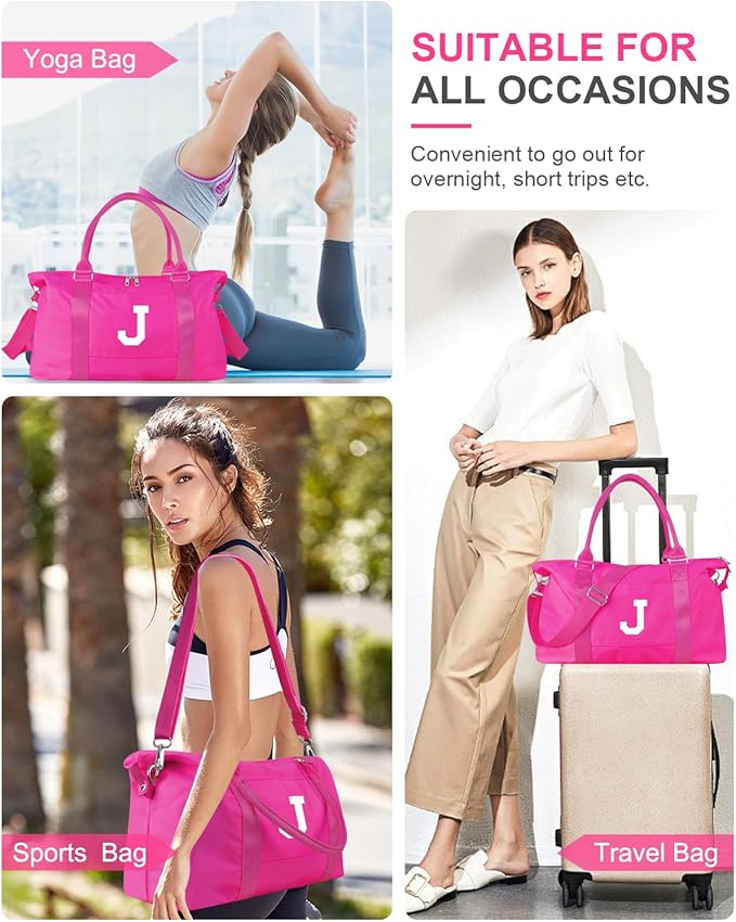Overnight Bag for Kids Teen Girls Weekender Dance Bag Birthday Graduation Gifts,Initial Travel Duffel Bag Sports Gym Bag Personalized Weekender Bag Carry On Bags Preppy Gifts for Women(Hot Pink, J)