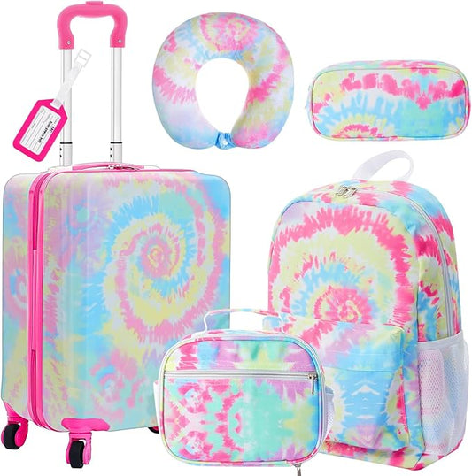 Redbaker 6 Pcs Kids Luggage Set 17 Inch Kids Rolling Luggage Double Pattern Suitcase for Girls Boys School Gift(Pink,Tie-dye Style)