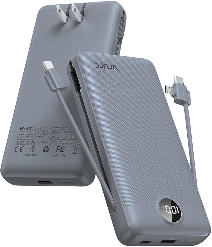 Portable Charger Power Bank 20000mAh,VRURC 22.5W Fast Charging Power Bank With Cables, 20K USB C Portable Charger With Wall Plug, Phone Battery With Cords For iPhone, Samsung, Android Phones, etc-Grey