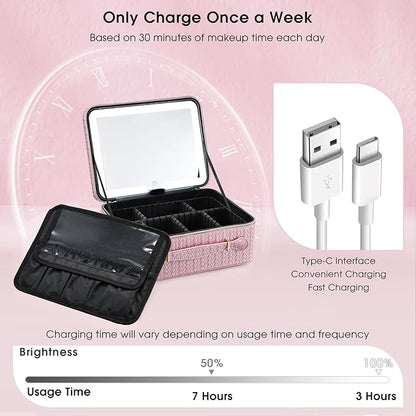 Leather Makeup Case with LED Lighted Mirror 11.4 Inch Travel Makeup Bag Adjustable Brightness in 3 Colors Cosmetic Organizer Artist Storage Bag with Dividers Brush Holder Bag Vanity Shiny Pink