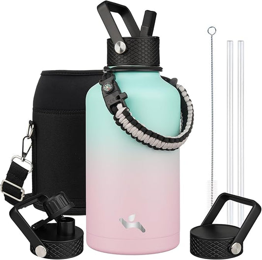 Half Gallon Insulated Water Bottle with Straw,64 oz 3 Lids Water Jug with Carrying Bag,Paracord Handle,Double Wall Vacuum Stainless Steel Metal Flask,Gum