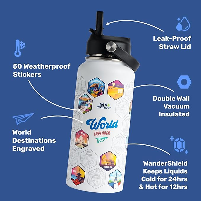 LET'S WANDER World Water Bottle with 2 Sets of 50 Waterproof Stickers - 32oz Leakproof Insulated Stainless Steel with Straw - Travel Gift Bottle (Arctic White)