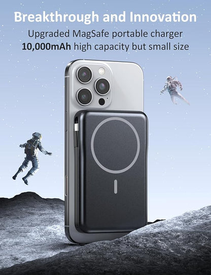 Magnetic Portable Charger, 10000mAh Power Bank, 5 in 1 Portable Charger with Built in Cable, 20W Fast Charging for Magsafe Battery Pack Compatible with iPhone 17/16/15/14/13/12 Pro/Pro Max-Black
