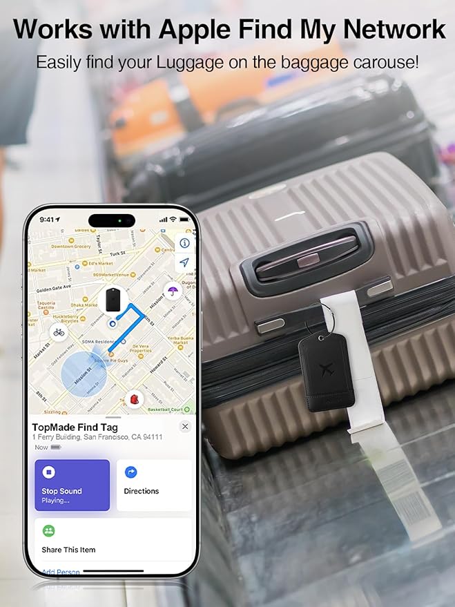TopMade Smart Luggage Tag with Find My, Premium Leather Luggage Tags for Suitcase, Travel Bags, Backpacks, Anti-Lost Suitcase Tag Tracker for Travel with Privacy Name Card, Rechargeable