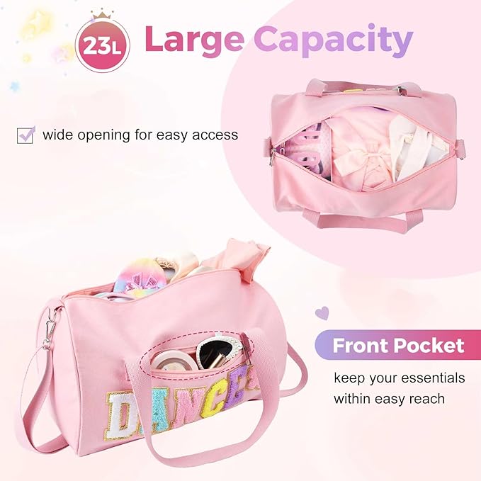 Dance Bag for Girls, KUIRAN 23L Travel Duffel Bag with Colorful Chenille Letter, Lightweight Small Gym Sport Ballet Weekender Bag with Large Main Compartment - Pink/Flower