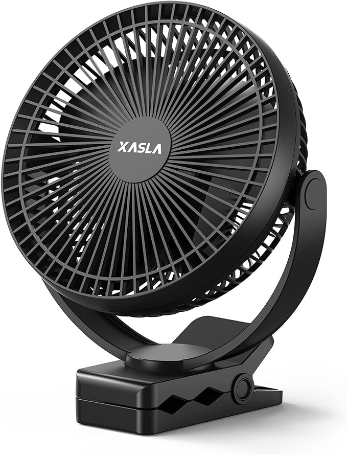 xasla 10000mAh Portable Clip on Fan, 8 inch Rechargeable Battery Operated, 24 Hours Work Time, Quiet USB 4 Speeds Personal, Ideal for Outdoor Camping Golf Cart Home Office Black
