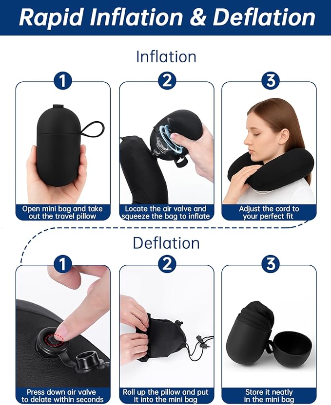Neck Pillow for Traveling, 2-in-1 Air-Pump & Storage Bag, Inflatable Compact 360°Head Support Airplane Pillow for Travel,Train, Car - Black