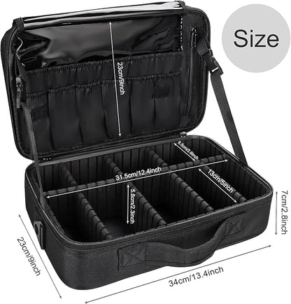 Relavel Makeup Bag Travel Makeup Train Case 13.8 inches Large Cosmetic Case Professional Portable Makeup Brush Holder Organizer and Storage with Adjustable Dividers and Shoulder Strap Black