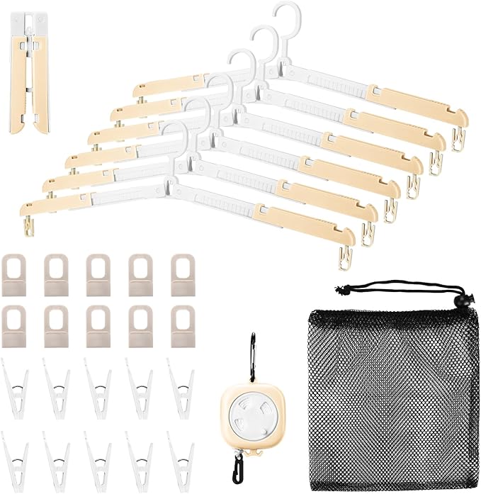 6 Pack Foldable Travel Hangers with Clips & Adjustable Clothesline, Portable Collapsible Hangers with Storage Bag for Suitcase, Hotel, RV, Cruise Essentials Set (Beige)