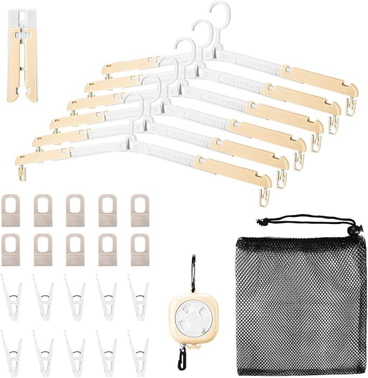 6 Pack Foldable Travel Hangers with Clips & Adjustable Clothesline, Portable Collapsible Hangers with Storage Bag for Suitcase, Hotel, RV, Cruise Essentials Set (Beige)