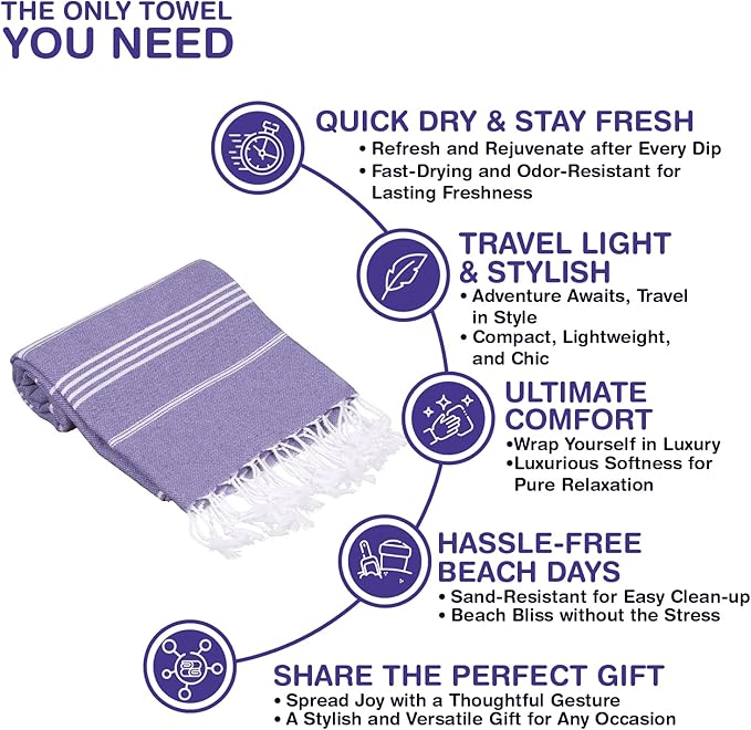 Turkish Beach Towels, Pack of 2 | Oversized, Quick Dry, Sand Free | 100% Cotton, Large 38x71 Towels for Beach, Pool, Travel | Ultra-Soft, Compact, and Absorbent | Purple