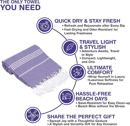 Turkish Beach Towels, Pack of 2 | Oversized, Quick Dry, Sand Free | 100% Cotton, Large 38x71 Towels for Beach, Pool, Travel | Ultra-Soft, Compact, and Absorbent | Purple